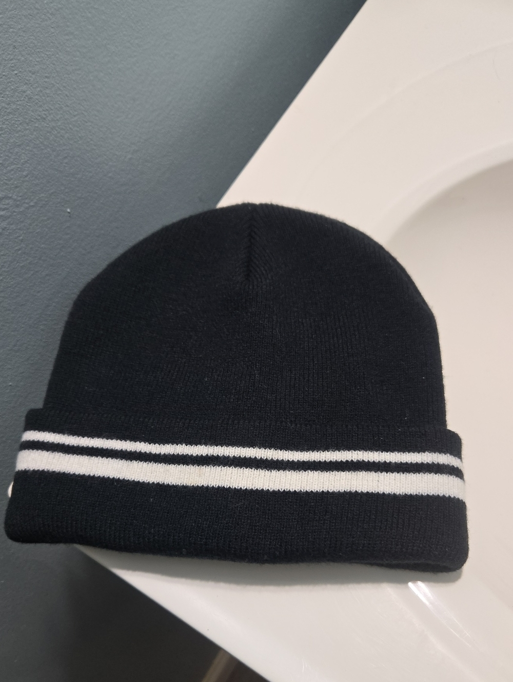 Men's Black Knit Beanie with White Double Stripe Cuff